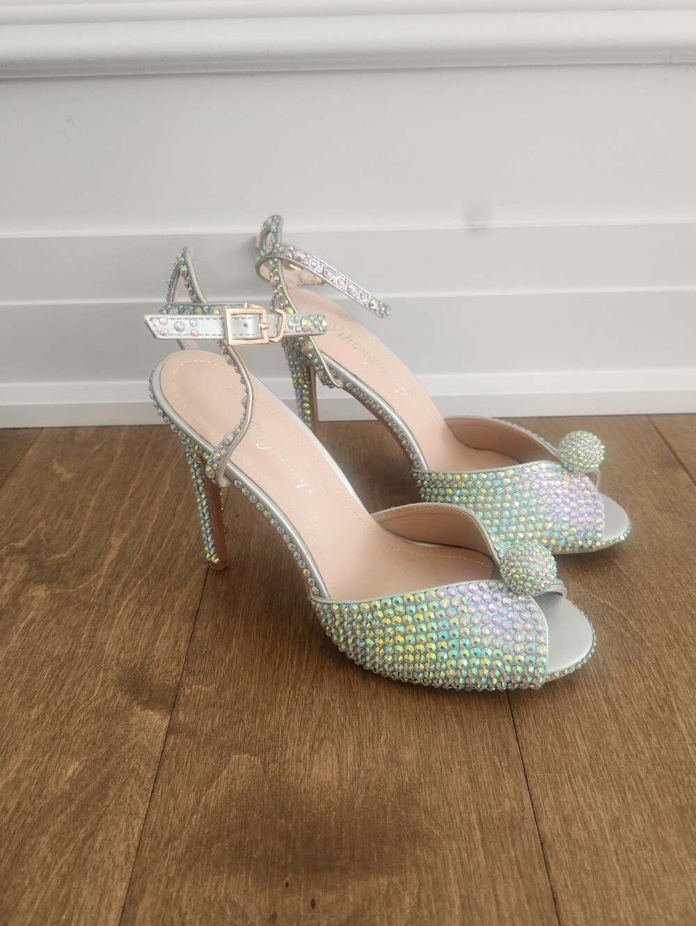 Iridescent Crystal Ankle-Strap Peep-Toe Heels